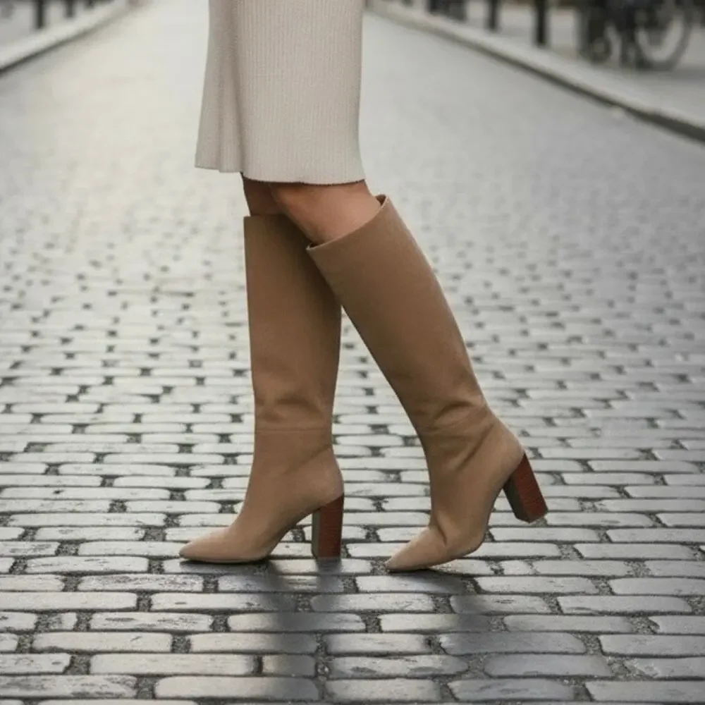 Vince Women's Leather Upper Pilar Knee High Boots Pointy Toe Beige Size 8.5 NWOT - Picture 3 of 13